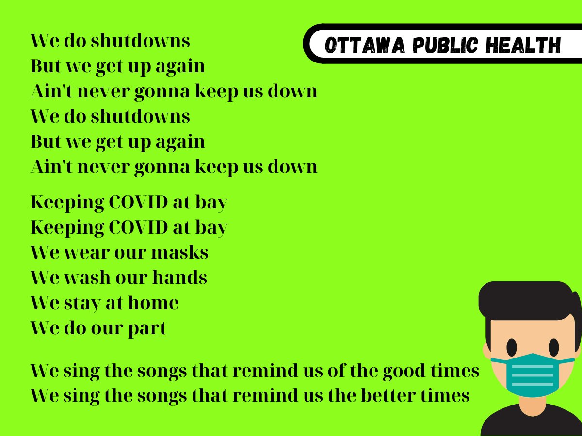 OttawaHealth's tweet photo. On Dec 26th, our community will enter a shutdown to help limit the spread of COVID-19. This will be a difficult time, but we've been through this before. We'll come together (while apart) to do our part. Oh, also, we wrote a song that you can sing to help you pass the time. https://t.co/wt9k8BoeNk