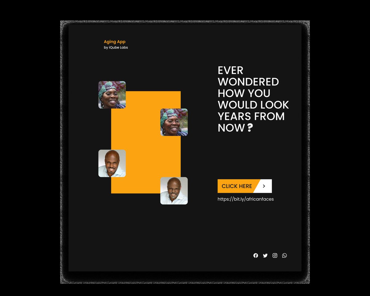 temmyadex's tweet photo. Ever wondered how you would look years from now? kill the curiosity with the new iQube’s Aging App from the stable of @AFCVResearch @iQubeBase #AfricanFaces @Fowe @AyodejiM_ https://t.co/50La2ZWYZM https://t.co/47SDujpH65