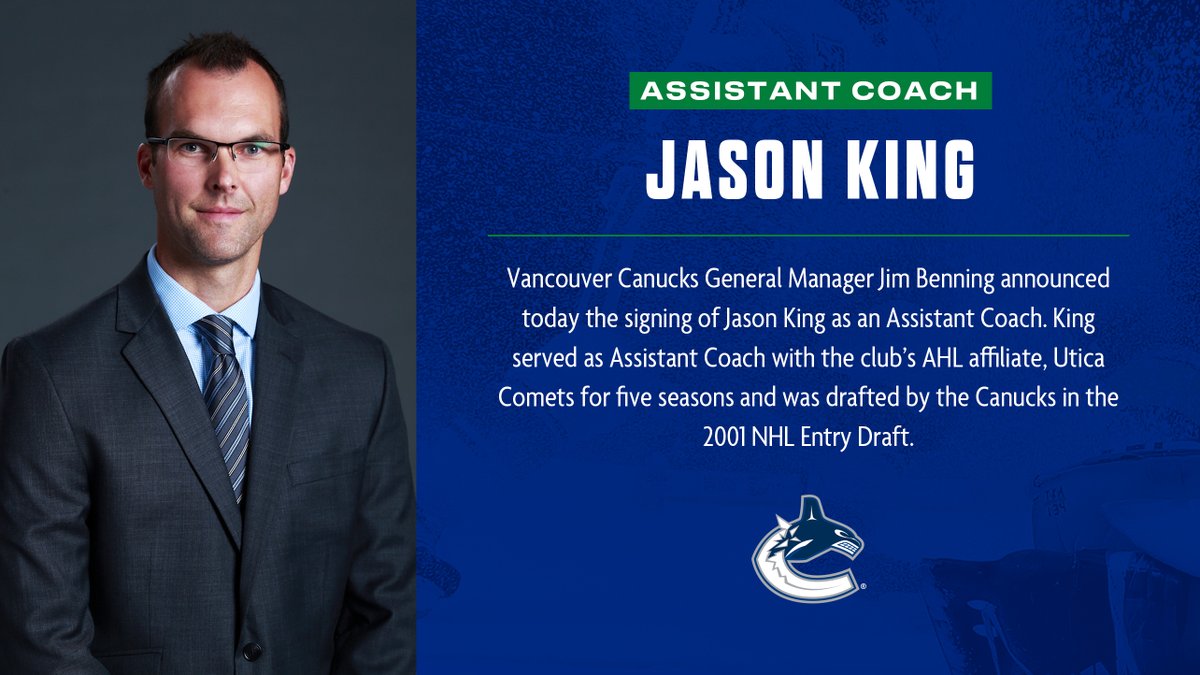 #Canucks announce Jason King as an Assistant Coach and Chris Higgins as Skills and Development Coach.

Led by Head Coach Travis Green, Vancouver’s coaching staff includes Nolan Baumgartner, Newell Brown, Ian Clark, Darryl Seward, Jason King and Chris Higgins.