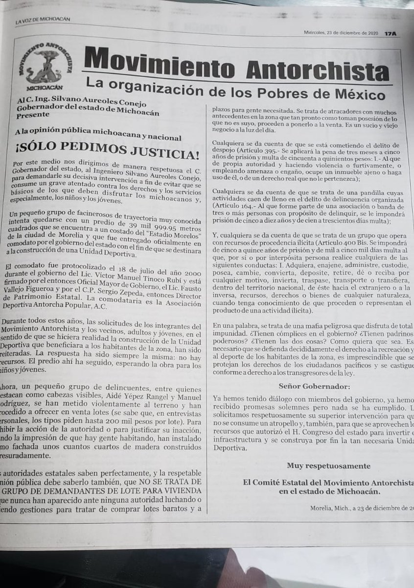 #AntorchaEnMedios

Por este medio nos dirigimos de manera respetuosa el C. Gobernador del estado, al Ingeniero Silvano Aureoles Conejo, para demandarle su decisiva intervención a fin de evitar que se consume un grave atentado contra los derechos y los servicios básicos...