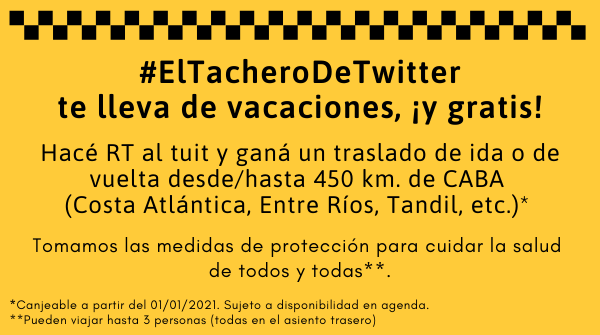 ElGriegoOK's tweet photo. ¡Terminamos el año con un sorteazo! #ElTacheroDeTwitter (es decir, yo) regala un traslado para darle un empujoncito a las vacaciones y empezar mejor el 2021. Sortea el 31/12 y participás haciendo RT de este tuit. ¡Suerte! https://t.co/DTV4bOvzGb
