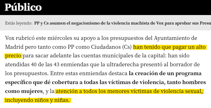 Vox logra que, en Madrid, el programa de atención a menores violados atienda por igual a niños y niñas. Público lo califica de 'alto precio'. #noesigualdadesfeminismo.