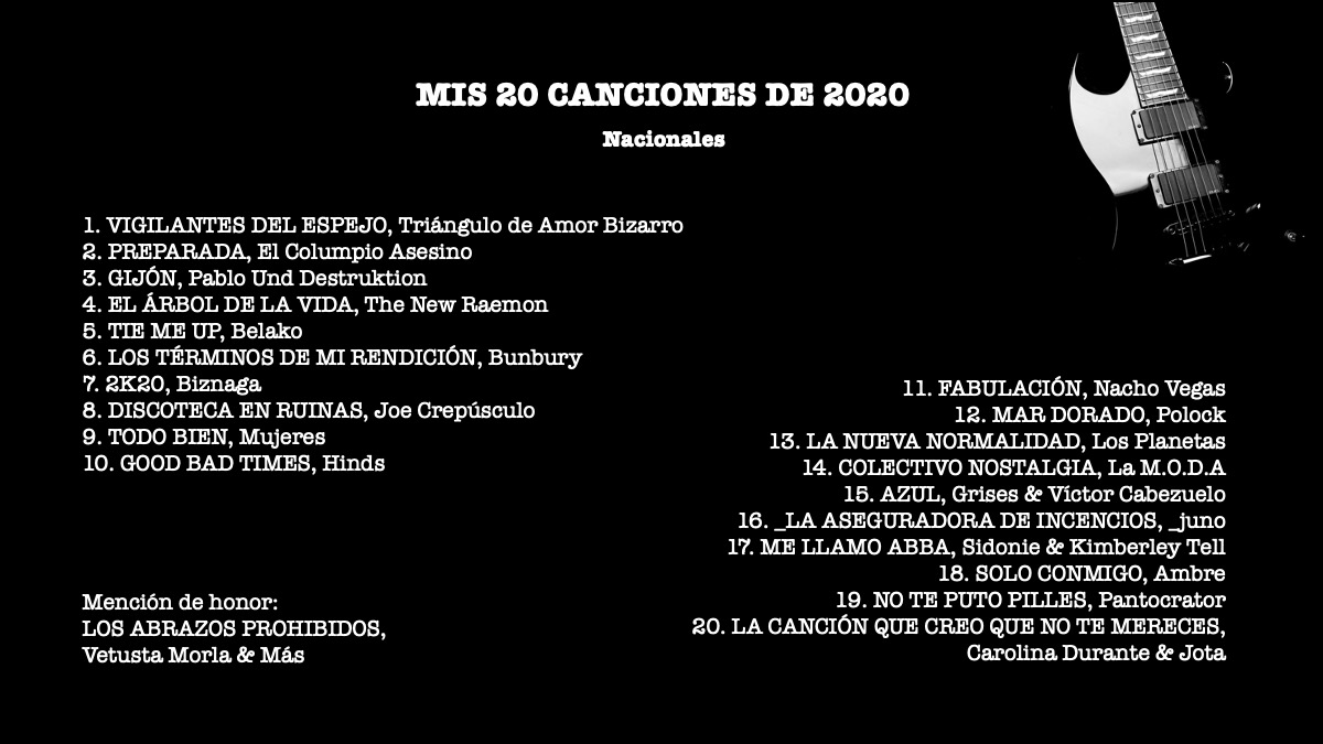¿Cómo hubiera sido este año sin las canciones de 
<a href="/TABIZARRO/">TRIÁNGULODEAMORBIZARRO</a>, <a href="/columpioasesino/">El Columpio Asesino</a>, <a href="/thenewraemon/">The New Raemon</a>, <a href="/belakoband/">BELAKO</a>, <a href="/bunburyoficial/">Enrique Bunbury</a>, <a href="/Biznaga77/">Biznaga</a>, <a href="/Crepus/">Joe Crepúsculo</a>, <a href="/hindsband/">hind𝓼 ☻</a>, <a href="/NachoVegasTwit/">Nacho Vegas</a>, <a href="/polockband/">POLOCK</a>, <a href="/estoesLaMODA/">La M.O.D.A. 𐁇</a>, <a href="/grisesoficial/">Grises</a>, <a href="/soy_juno/">_juno</a>, <a href="/pantocratorbcn/">pantocrator</a>, <a href="/carolinadurante/">CAROLINA DURANTE</a>, <a href="/somosAmbre/">ambreband</a>?