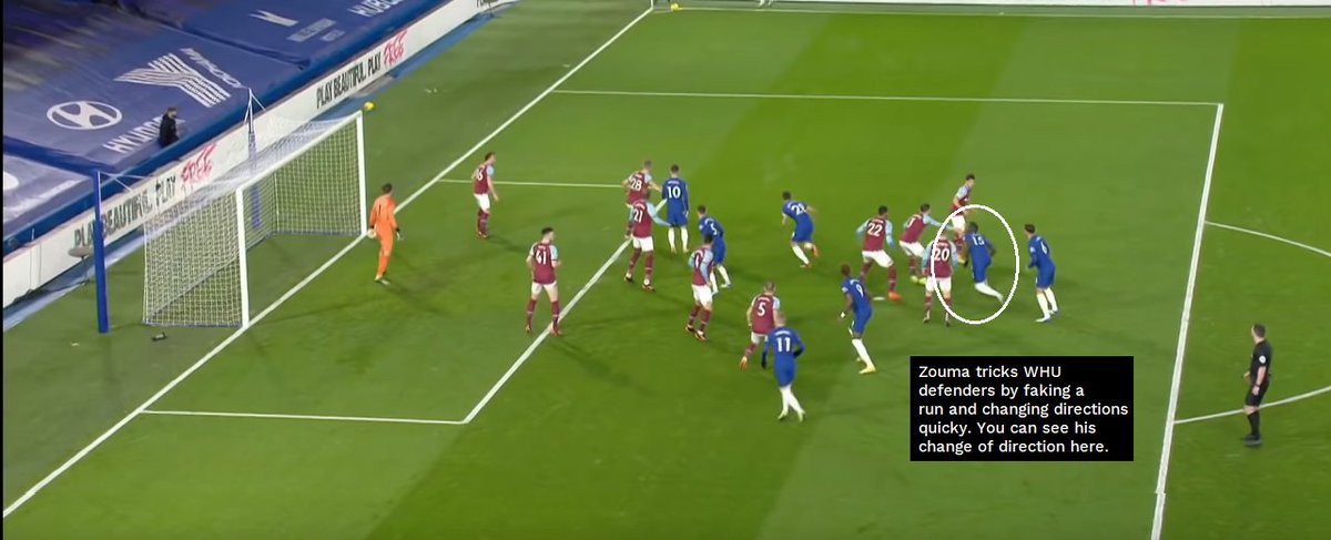 Zouma's movement is as important as Mount's assist or Silva's header in this case.He moves towards the goal initially, attracting players with him. He suddenly changes directions and ensures Cresswell moves away from Silva's zone, opening up space for Silva.