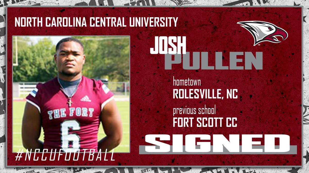NCCUAthletics's tweet photo. Welcome to the #NCCU Family! Josh Pullen (RB, 6-1, 220) Fort Scott CC/Rolesville, NC. In 2019 at Rolesville HS, rushed for 1,859 yards (8.4 avg.) &amp; 32 TD. 
Bio: https://t.co/FQV8Gy5pQG
Video: https://t.co/D6Hcx2FLgF

#EaglePride | #EagleEra #NCCUfootball 
@NCCU_Football https://t.co/hNcnDPmDEC