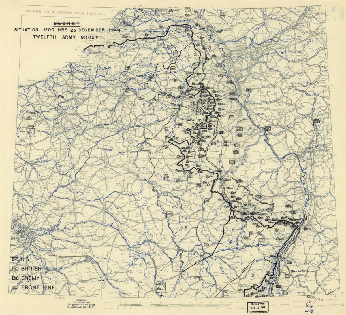 [2 of 9]For the most part, the Allies are holding the line and keeping the Germans from advancing too far. However, the German main push [see the center of this map] now starts to widen and moves north [6th Panzer Army] and south [5th Panzer Army] of Bastogne.
