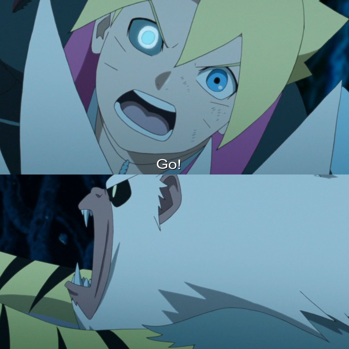 7. Another two questioning moments:• Boruto activates his dojustu while riding Nue looking like he is controlling him: Nue rages forward as Boruto screams.• Boruto's dojutsu activates while using half of The Hiramekarei. The Jōgan might enhace the weapons usage.