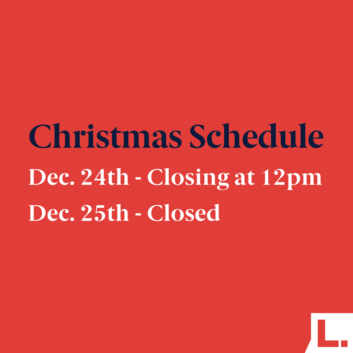 LacherInsurance's tweet photo. We will be closing on Christmas Eve at 12pm and will be closed on Christmas Day. We will return to regular office hours on Monday, December 28th.

We hope you and your family have a very merry Christmas! https://t.co/igI6GhXXVA