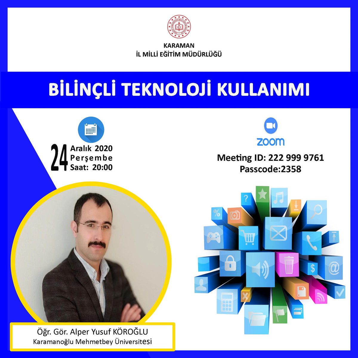 2020-2021 Eğitim Öğretim Yılı genel hedeflerimizden olan *Bilinçli Teknoloji Kullanımı* konulu programımıza  tüm *velilerimizi* bekliyoruz.