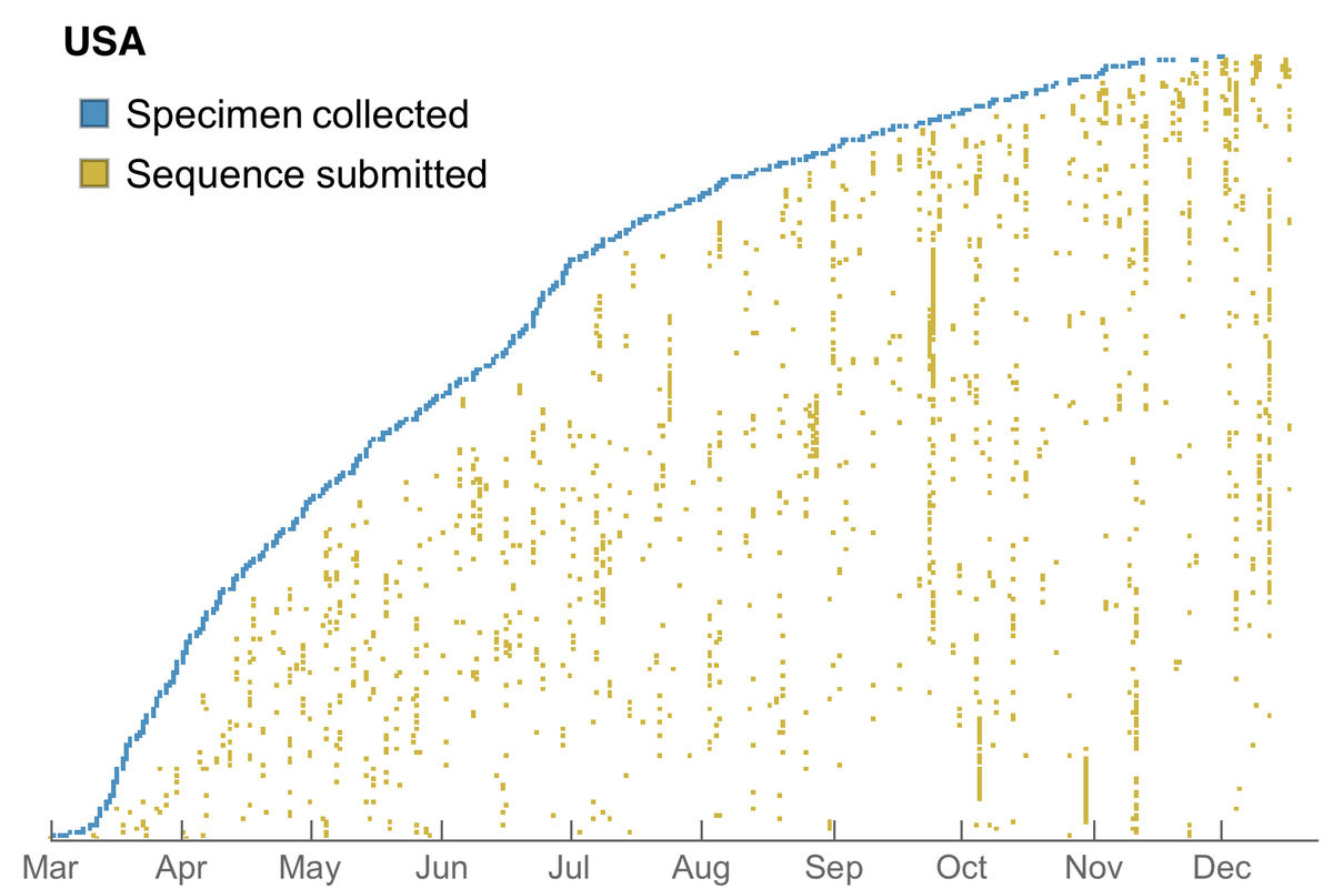 Here, I've adapted a plotting style from  @hamesjadfield to show specimen collection date in blue and sequence sharing date in yellow for US genomes. There are a great many specimens collected in the spring that are just now being sequenced and shared. 5/12