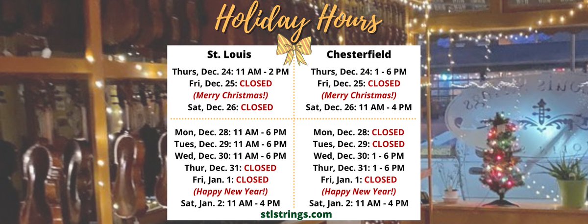 StLouisStrings's tweet photo. #MerryChristmas &amp; #HappyNewYear from us at St. Louis Strings!

Need any assistance over the holidays? Come on in or contact us, we would love to help!

#StLouis #StlStrings #ShopLocalStLouis #Violin #Viola #Cello #Doublebass #StLouisMusic #StLouisMusicians https://t.co/Qp6NfOgI7K