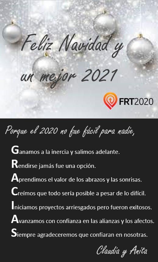 frt_2020's tweet photo. A nuestros y nuestras estimad@s amig@s del sector #transporte y actividades asociadas, les deseamos una Feliz Navidad y Un gran año nuevo 2021. Porque el 2020 no fue fácil para nadie, el 2021 saldremos adelante y no nos rendiremos #FelizNavidad2020 #FelizAño2021 #FRT2020 https://t.co/0tWREWJPtH
