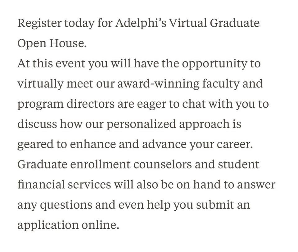 AdelphiNutriti1's tweet image. ✨Are you looking to complete your MS in Nutrition Online?!✨
STOP 🛑 & apply to Adelphi University’s Virtual Graduate Open House to learn more about our program and have all of your questions answered!! 
⭐️Visit this link to register:⭐️
adelphi.edu/events/virtual…