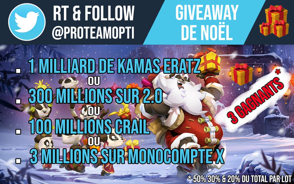 ✨GIVEAWAY FÊTES DE NOËL✨

Jusqu'à 1 Milliard de kamas à gagner🔥

3 Réseaux sociaux, 3 gagnants : 

Youtube - Twitter - Instagram (Possibilité de gagner plusieurs lots😎)

✅RT + Follow <a href="/ProTeamOpti/">Pro Team</a> 

Bonne chance à tous !🍀🤞

+ D'infos⬇️