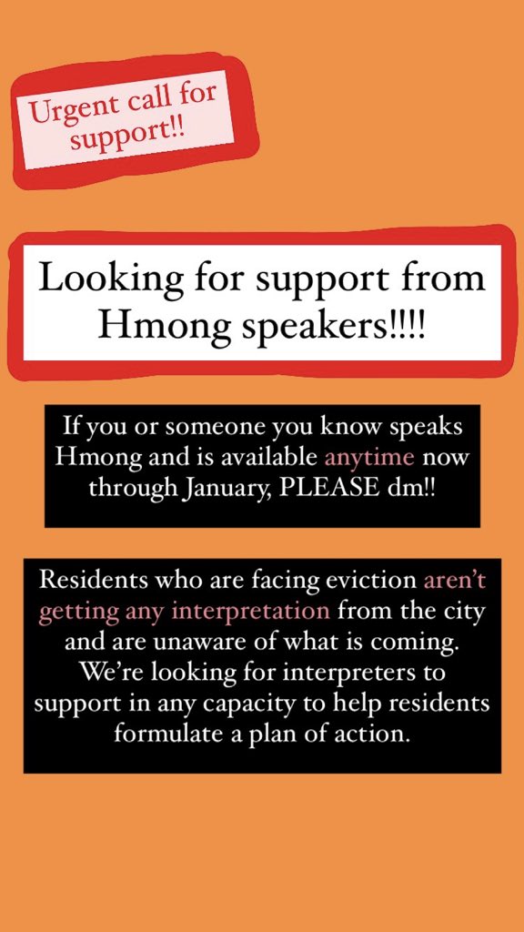 Residents are trying to navigate eviction without any information in the language they speak. Please support our houseless neighbors through interpreting. Dm us if you are able to support.