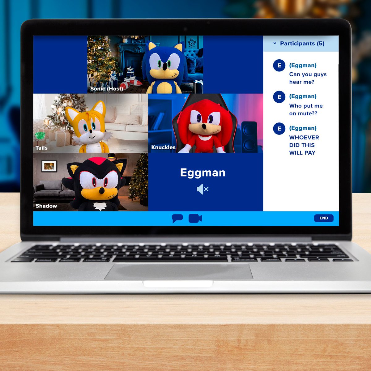 Sonic, Tails, Knuckles, Shadow, and Dr. Eggman are on a video conference call together with Eggman's video and audio off. Eggman types in the chat, "Can you guys hear me?", "Who put me on mute??", and "WHOEVER DID THIS WILL PAY"