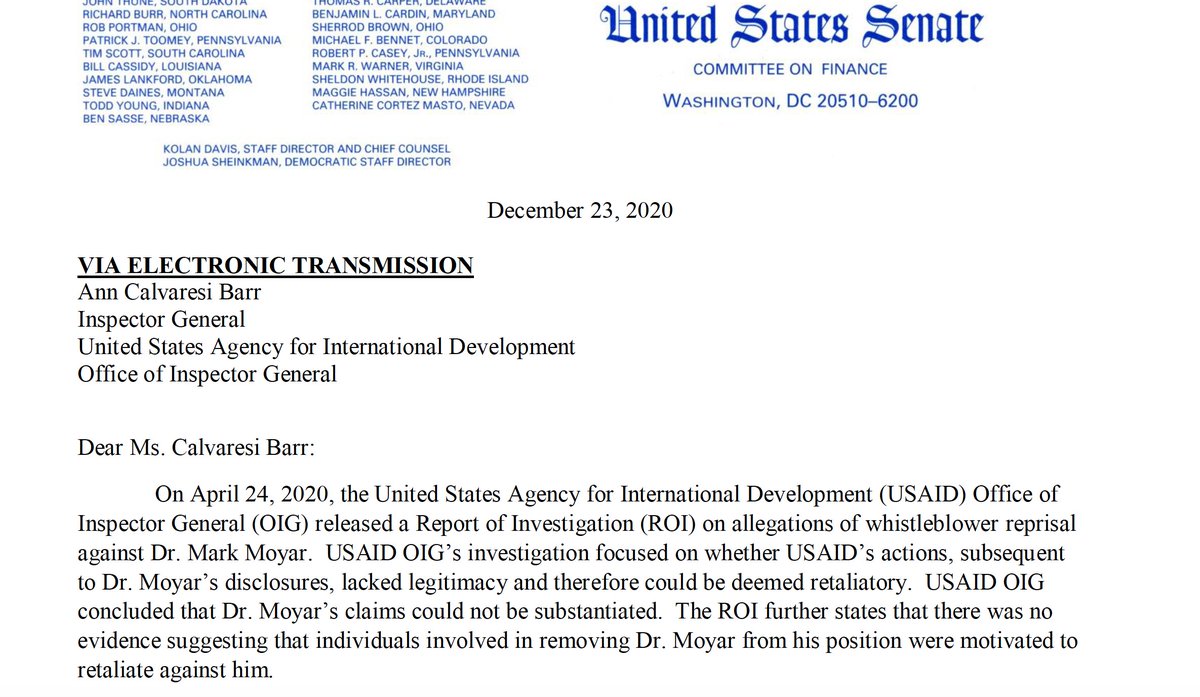 Scoop:  @ChuckGrassley, a whistleblower champion, wrote  @USAID chief Barsa today abt concerns over a "potential pattern of abuse" over political weaponizing of security clearances. The panel has been probing this for mos. after my reports on the firing of whistleblower Mark Moyar