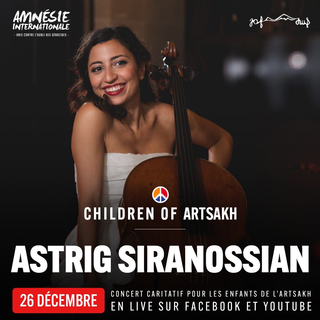 Amnesie_Inter's tweet photo. Inscrivez vous sur : https://t.co/IlVIpildoK 

Le 26 décembre, il faudra surtout pas rater la performance de la violoncelliste Astrig Siranossian ! #Childrenforartsakh #Amnesieinternationale #concert https://t.co/YDAXmSDBL7