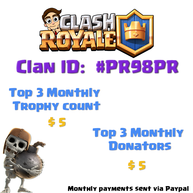 Hi Clash Twitter,
In an effort to attract some more active players to the clan I play in, I am offering monthly rewards! Come help my clan (we are for fun) 💩👻💀 ID: #PR98PR Happy Holidays! 🎄