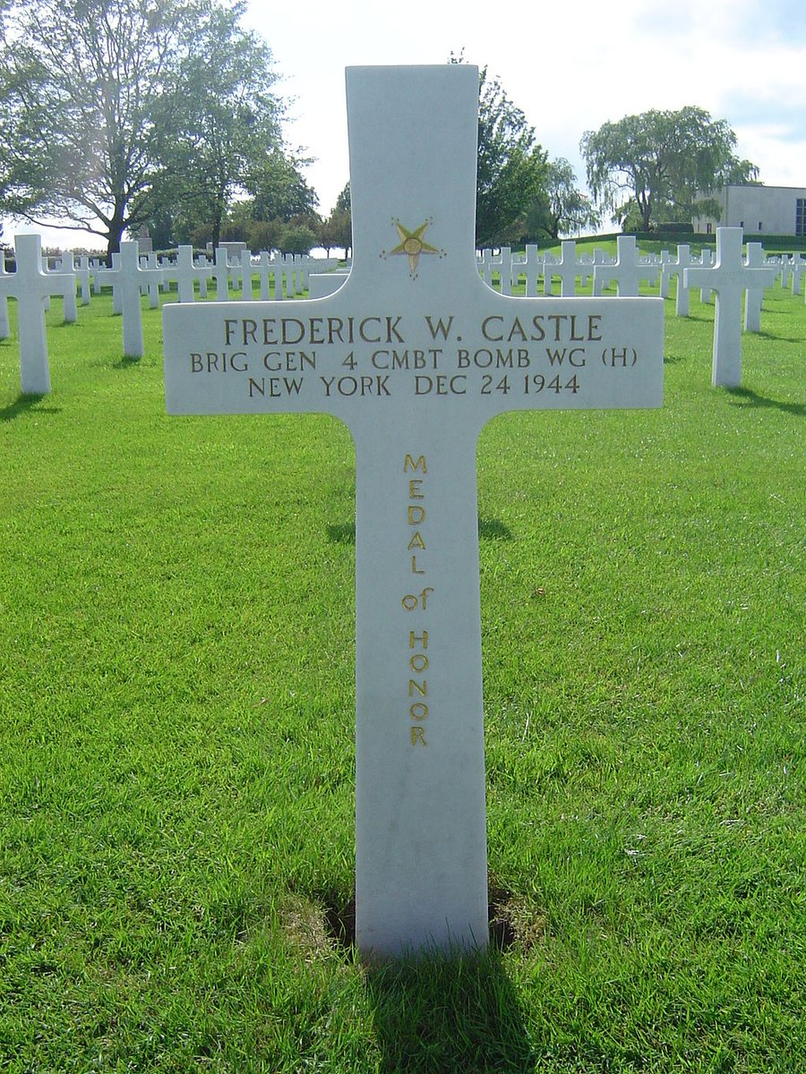 BG Castle remained at the controls of his aircraft so his crew could bail out. Then the right wing was hit and the gas tank exploded. Nine men were saved by his selfless act and BG Castle was posthumously awarded the Congressional Medal of Honor.
