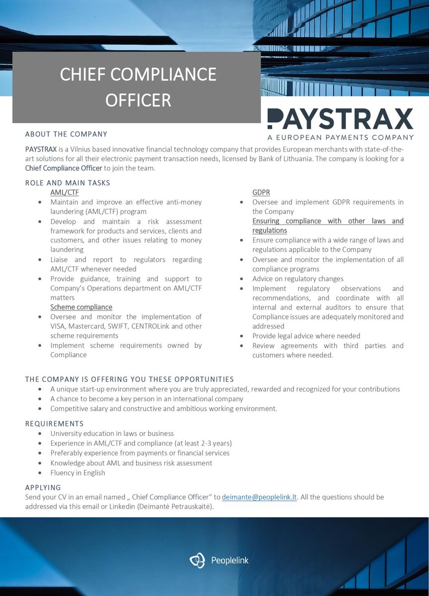 We are looking for a Chief Compliance Officer to join our Vilnius office #compliance #hiring #payments #fintec  buff.ly/3nKTxc7