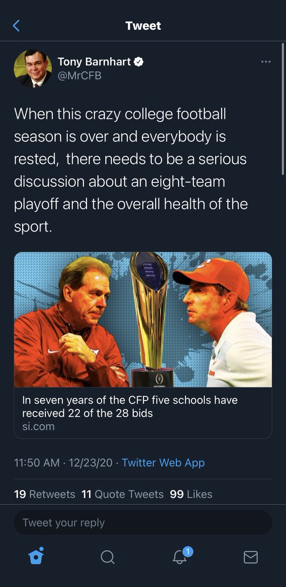Let’s say you think that it’s “not healthy” to have very few teams be in the “championship contender” conversation throughout the season. OK, fine. But that’s CFB. Been part of the sport for decades. Why is that the CFP’s fault? And what’s expanding it going to do?  #CFBPlayoff    https://twitter.com/mrcfb/status/1341788268900343814