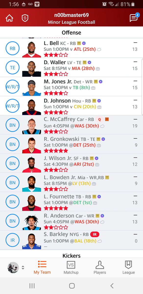 rbrucedent's tweet photo. @TheFFBallers I need some help, championship round, deep league. The bottom 4 cant decide https://t.co/9N93ZP6DAH