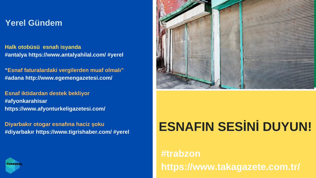 Bugün yerel gazetelerde en çok işlenen konulardan biri #esnaf idi. <a href="/AntalyaHilal/">Antalya Hilal</a> <a href="/AfyonTurkeli/">Afyon Türkeli Gazetesi</a> <a href="/TigrisHaber/">Tigris Haber</a>  <a href="/TakaGazetesi/">Taka Gazetesi</a>