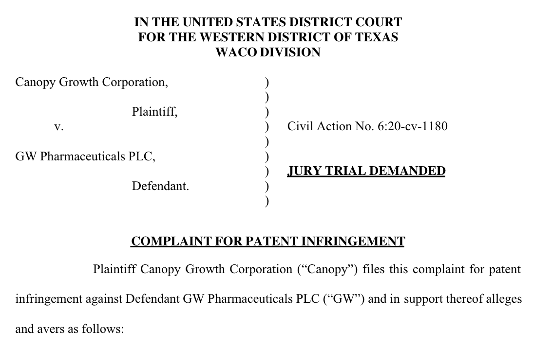 tomangell's tweet photo. WOW: Two of the cannabis industry’s biggest players are headed to federal court. Canopy Growth Corporation is suing GW Pharmaceuticals for allegedly infringing on its patent for a CBD extraction method.

https://t.co/1MwX8UUX4f https://t.co/Xgp690IPFp