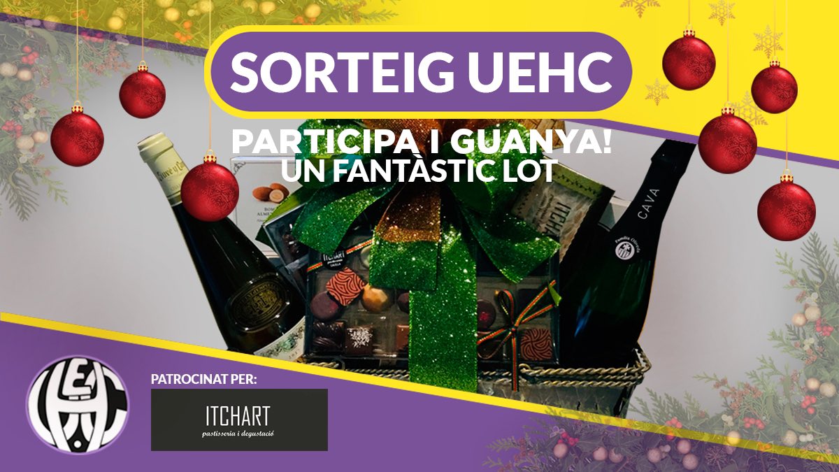 UEHCalella's tweet photo. 🎊SEGON SORTEIG🎊

Gràcies a la pastisseria Itchart sortegem un lot de nadal de bona qualitat

Per participar segueix els passos que t'indiquem:
-Segueix-nos a Twitter
-Fes Retuit a la publicació

Per tenir més possibilitats de guanyar, participa en les altres xarxes socials 💜💛 https://t.co/iyIuWsnNBe