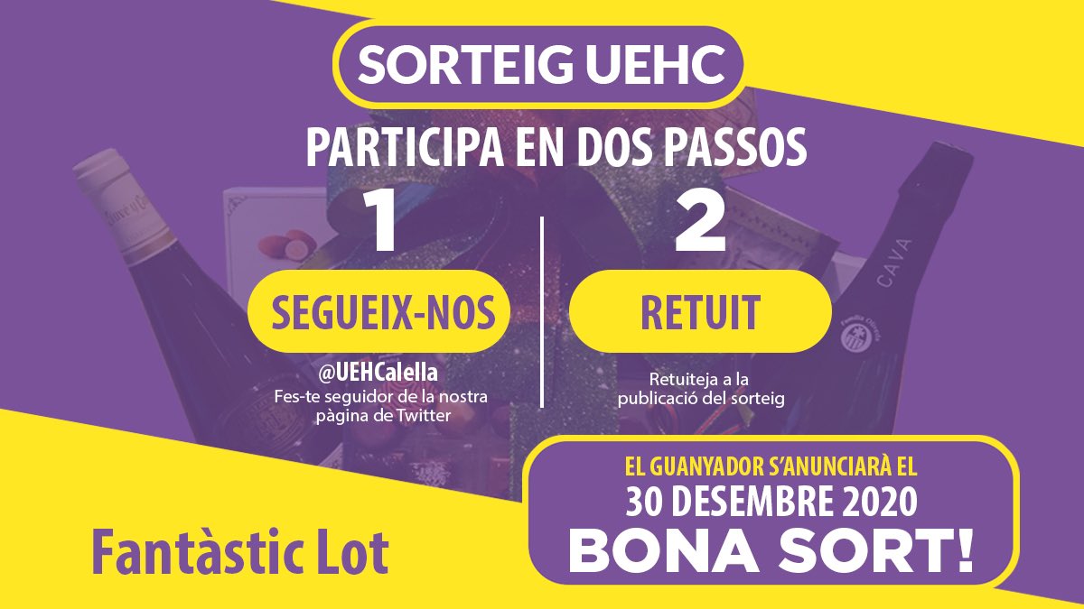 UEHCalella's tweet photo. 🎊SEGON SORTEIG🎊

Gràcies a la pastisseria Itchart sortegem un lot de nadal de bona qualitat

Per participar segueix els passos que t'indiquem:
-Segueix-nos a Twitter
-Fes Retuit a la publicació

Per tenir més possibilitats de guanyar, participa en les altres xarxes socials 💜💛 https://t.co/iyIuWsnNBe