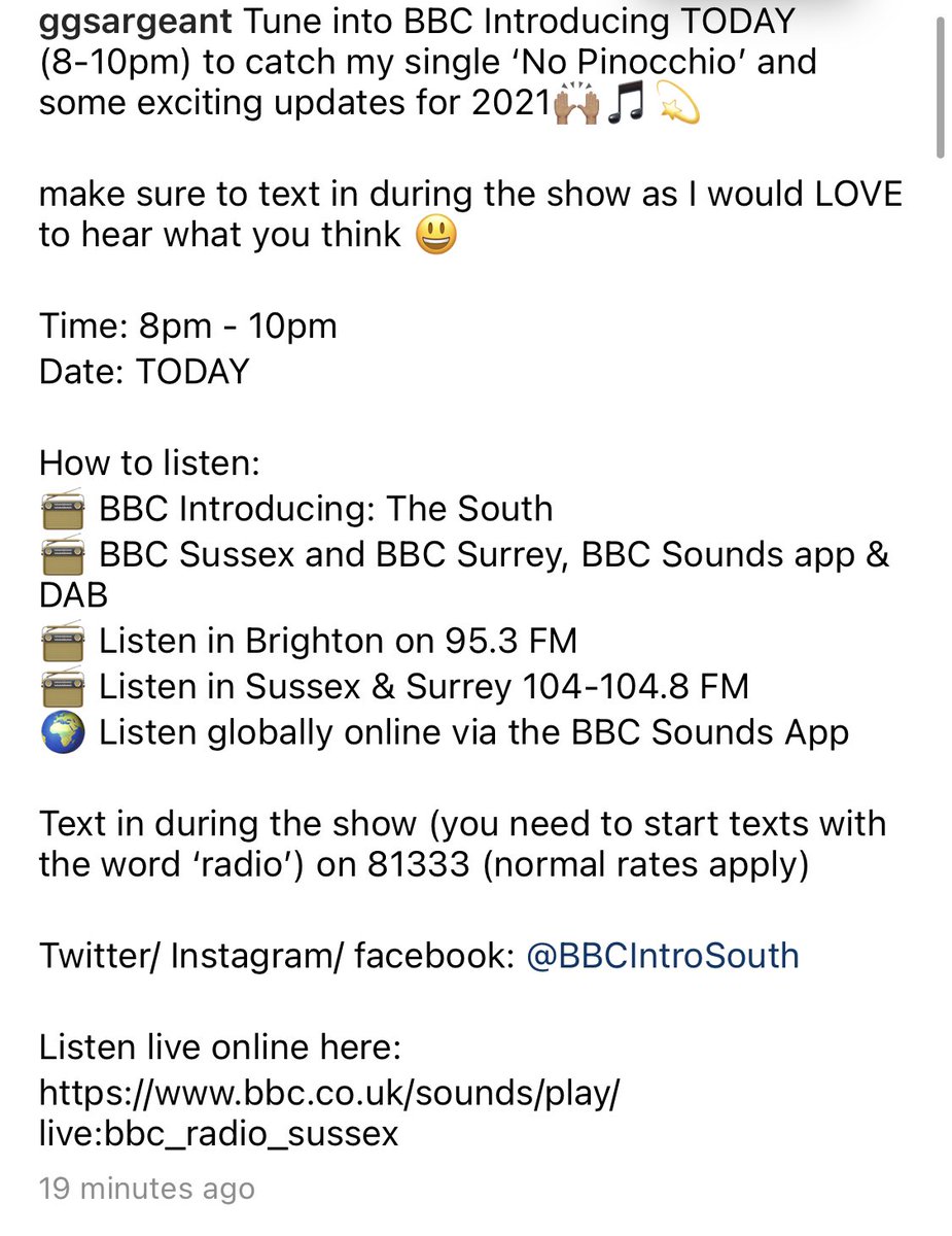GGSargeant's tweet photo. Catch my latest single ‘No Pinocchio’ on @BBCIntroSouth tonight between 8-10pm tonight. Make sure you text in to let me know you’re listening 😜 https://t.co/DkstW0BExX