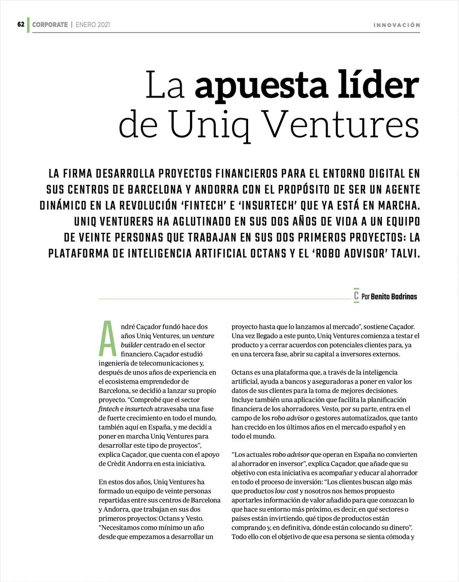 join_uniq's tweet photo. La revista Corporate habla sobre nuestro modelo de #venturebuilding en su próxima edición de Enero.
¡Contentos de seguir creciendo! 🚀
#fintech #insurtech https://t.co/4d6ueSOhYU