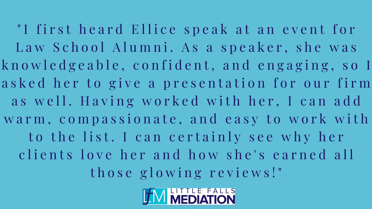ellicehalpern's tweet photo. This testimonial made my day. I really enjoyed working with Mika Dewitz-Cryan and speaking to RLI Design Professionals last week about Alternative Dispute Resolution -- thank you for the invitation! #Mediation #Negotiation #LittleFallsMediation #AlternativeDisputeResolution https://t.co/8GCxuo8Dri