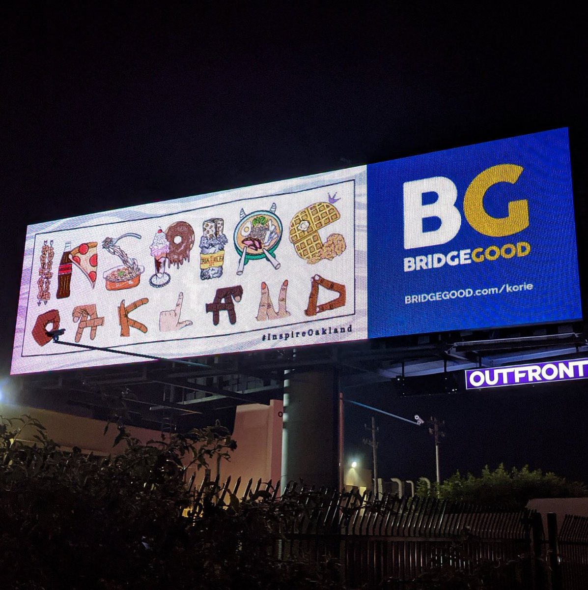 InspireOakland's tweet photo. For over a decade, @BRIDGEGOOD has showcased designs from over 80 local #Artists, #Designers &amp; #ARTivists of color on billboards, benches, LEDs, and buses. Make an impact, https://t.co/W8fOycxNj6 💛 https://t.co/ORTXdPZ4tU