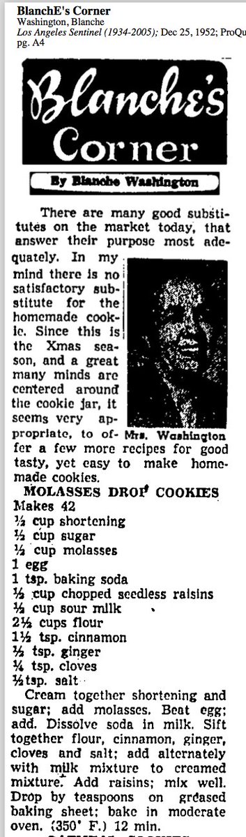 Here are a couple of 1950s recipes for  #holidaysweets from “Blanche’s Corner” as published in the Los Angeles Sentinel. Blanche Washington was the mother of Leon H. Washington, founder of  @thelasentinel.  #foodhistory  #archivescooking