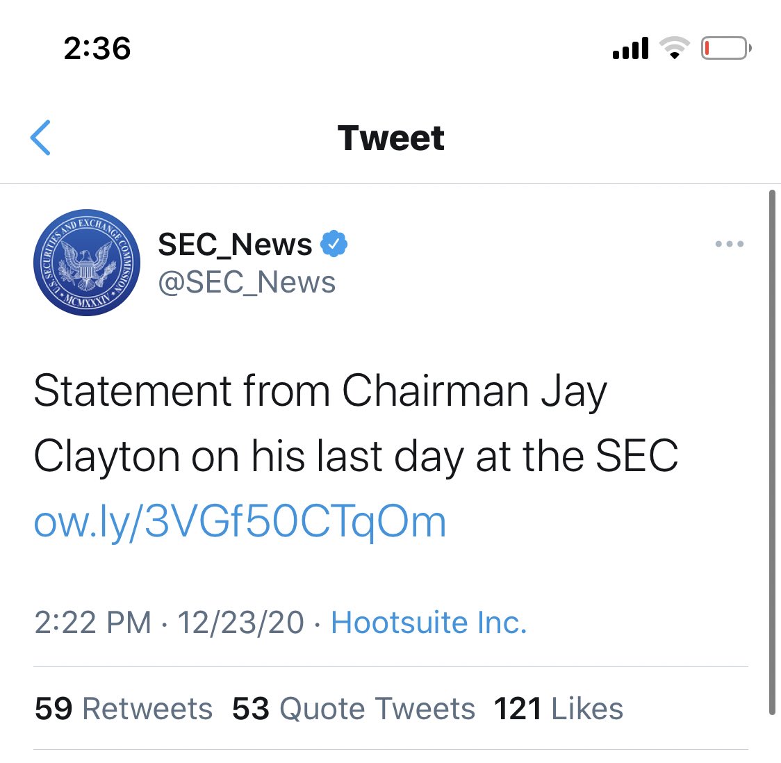 1/2 Jay Clayton last day. SEC posts at time stamp 222.