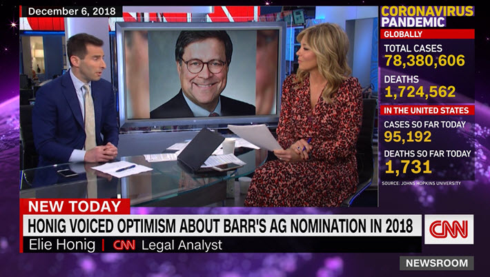 Porter_Anderson's tweet photo. Media: @eliehonig whose 'Hatchet Man,' @HarperCollins is on #BillBarr: Having been hopeful about #Barr as AG in 2018, "Barr spent the next two years completely trashing that" optimism. "He has used @TheJusticeDept ... to protect @realdonaldtrump." With the ever-young @BrookeBCNN https://t.co/4pD3YjfDEA