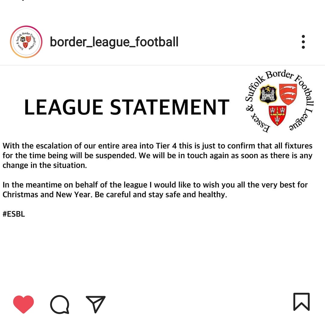⚫⚪️ TEIR 4  LOCKDOWN⚪️⚫️

Unfortunately mersea and Colchester are going into full lockdown so no more games till further notice. Stay Safe All #mifc