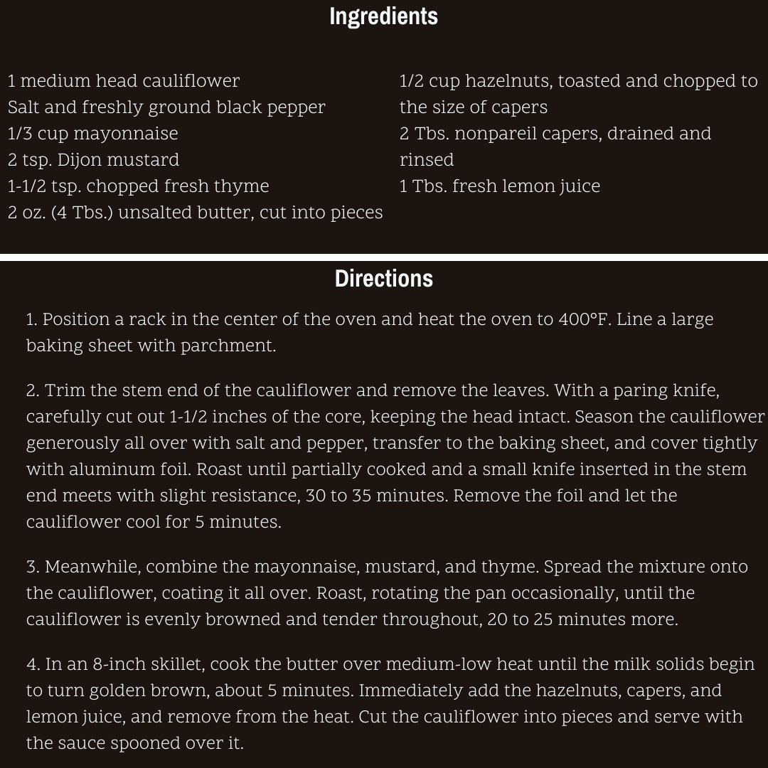 PowellClinic's tweet photo. If you are looking for a last minute holiday side dish, look no further! This roasted cauliflower is decadent. Those who attended The Teaching Kitchen a few years ago can attest to this. 
What is everyone serving this holiday season? https://t.co/8UxWIWxFgH