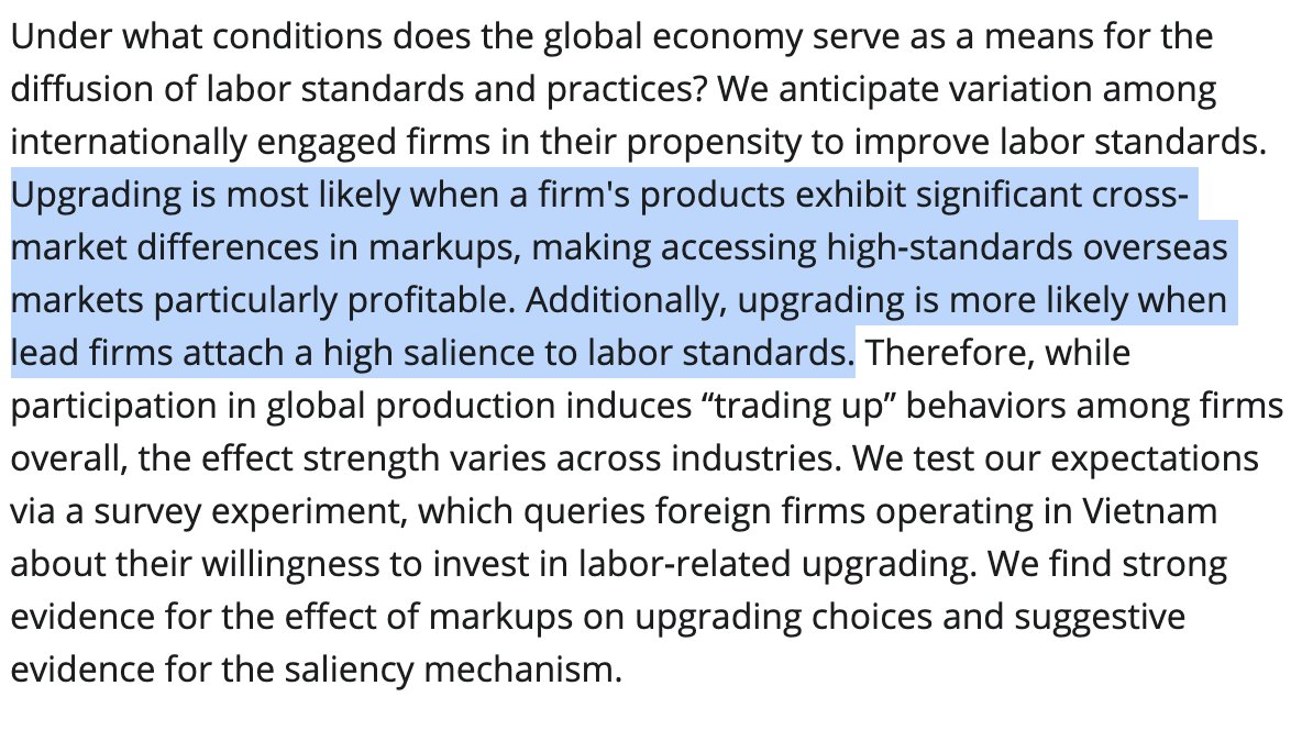 Another parallel: upgrading in global supply chains!See 'Chains of Love? Global Production and the Firm‐Level Diffusion of Labor Standards' @EddyMalesky &  @thwillowVietnamese firms are willing to invest in upgrading when they have export incentives https://onlinelibrary.wiley.com/doi/abs/10.1111/ajps.12370