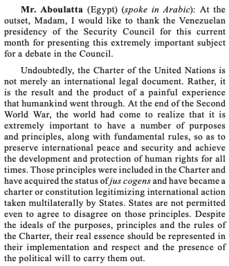19. Small follow-up: Egypt made several recent statements that the purposes, principles, and basic rules enshrined in the Charter are jus cogens (2016, 2017, 2018). No direct reference to self-defense.