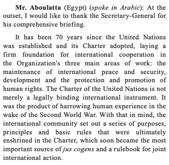 19. Small follow-up: Egypt made several recent statements that the purposes, principles, and basic rules enshrined in the Charter are jus cogens (2016, 2017, 2018). No direct reference to self-defense.