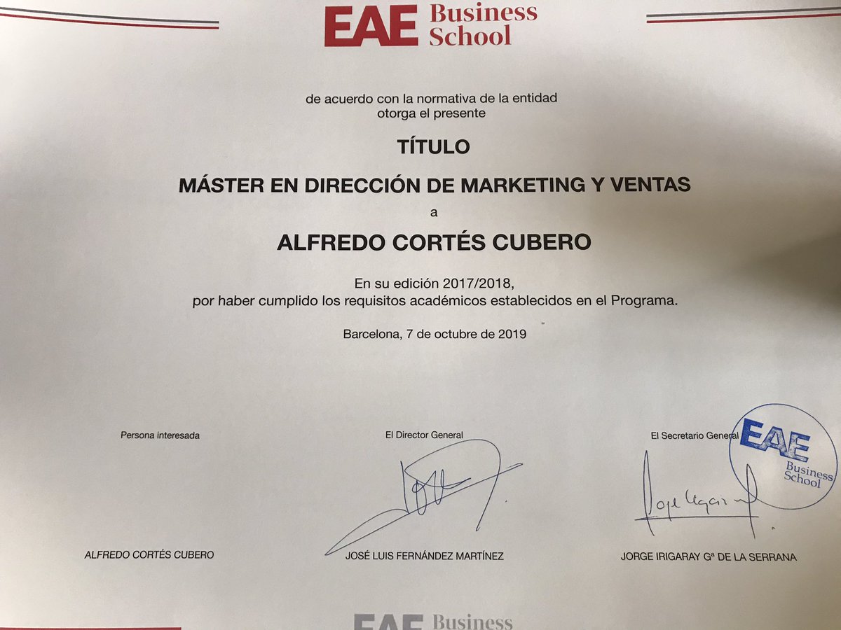 AlfCortesCubero's tweet photo. Estoy muy contento y orgulloso. Hoy he recibido, por fin, el título del Master en Dirección de Marketing y Ventas que curse en la @EAE_B_School
#diariodeundircom #siempreaprendiendo #immerlernen #alwayslearning #mejoracontinua #mejorapersonal https://t.co/3brT9zexPr