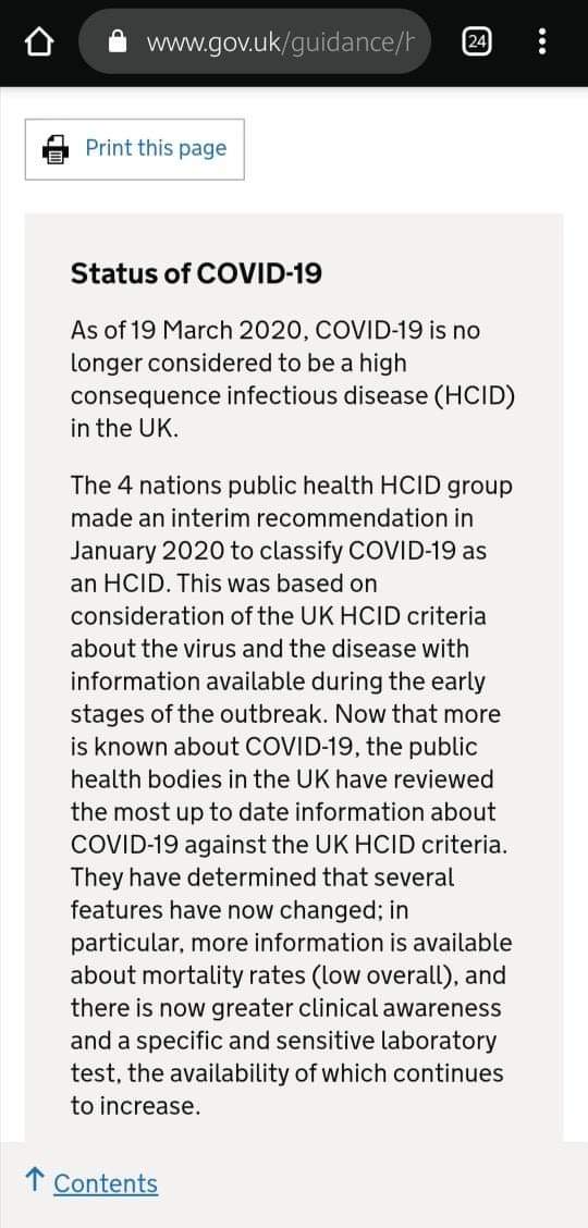 So could all this be the reason the Government downgraded Convid from a HCID (High consequence infectious disease) on the 19th March?Verify...  https://www.gov.uk/guidance/high-consequence-infectious-diseases-hcid#status-of-covid-19