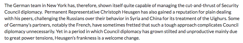 It is, however, important to distinguish between some of  @USUN's efforts to bait  @Chinamission2un over  #COVID19 (like talking about "Wuhan virus") and  @GermanyUN's more principled criticisms, as I explained  @fesnewyork last week.  https://www.fesny.org/article/macroscope-germanys-tenure-on-the-un-security-council-201920/ [4/10]