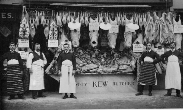 Shopping at the butcher was usually done daily, due to the lack of refrigeration. To combat this, salt preservation was used a lot to keep meat fresh. (Kew Butchers 1900)