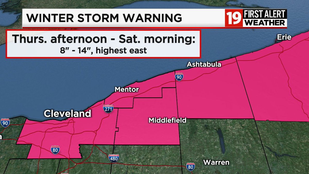 NEW: *WINTER STORM WARNING* for Cuyahoga County and the Primary Snow Belt from Thursday afternoon through Saturday morning. 8" - 14" new snowfall in the pink counties during the warning time frame. #ohwx