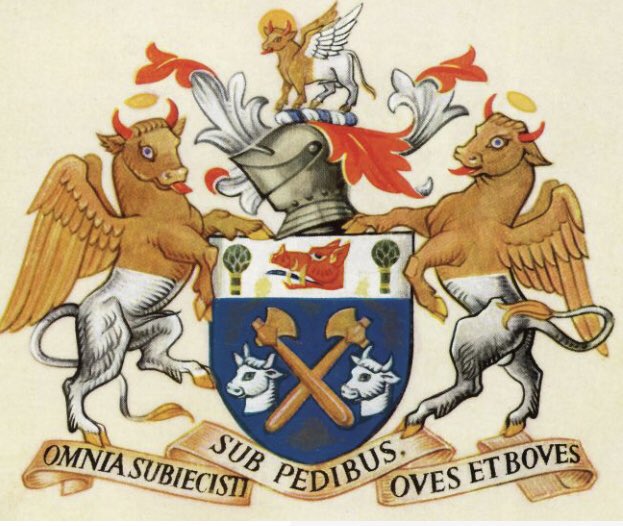The Butcher’s Livery company has a Coat of Arms, granted in 1540, featuring the motto, “Omnia Subjecisti Sub Pedibus, Oves et Boves” which translates as “Thou hast put all things under his feet, all Sheep and Oxen”.