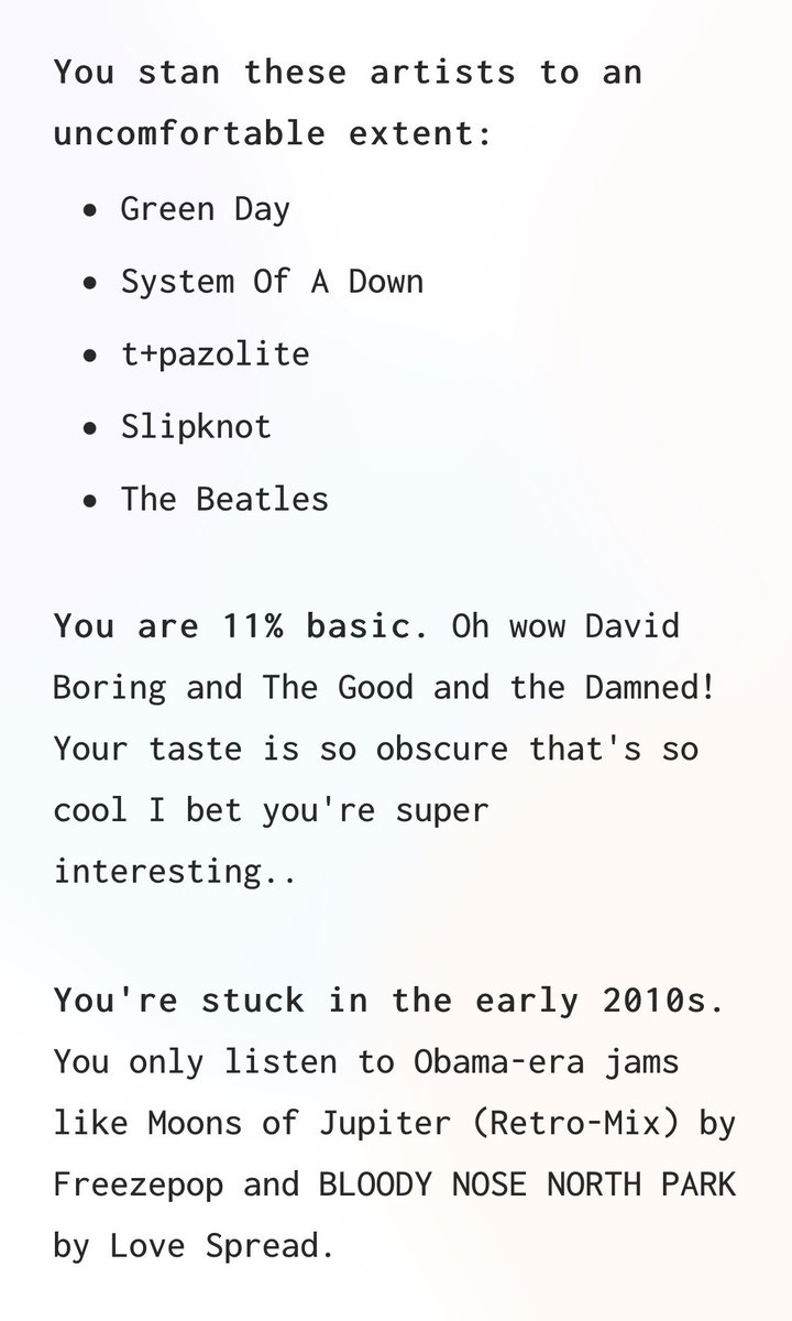 PikminGuts92's tweet photo. I'm 11% basic. Shout out to @thgdndthdmnd #davidboring @tpazolite @freezepopband @wearelovespread @nightclubband @pinocchiop https://t.co/AOpyRknehQ